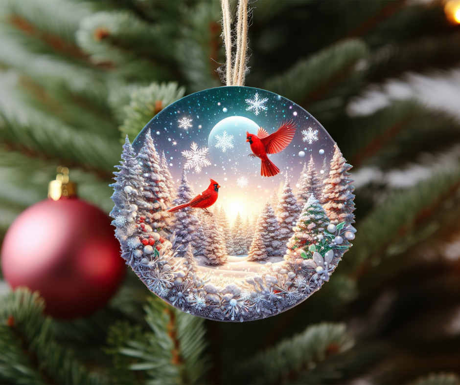 Two cardinals flying ornament