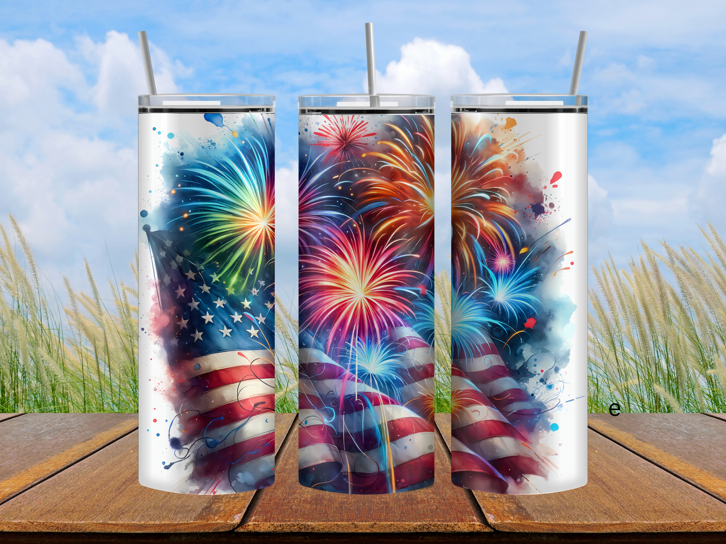 Fireworks above flag tumbler
