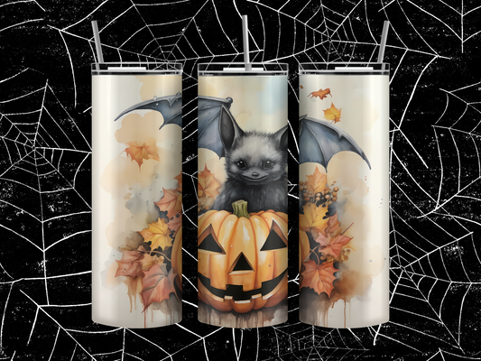 Bat on a pumpkin tumbler, metal straw and cleaning brush