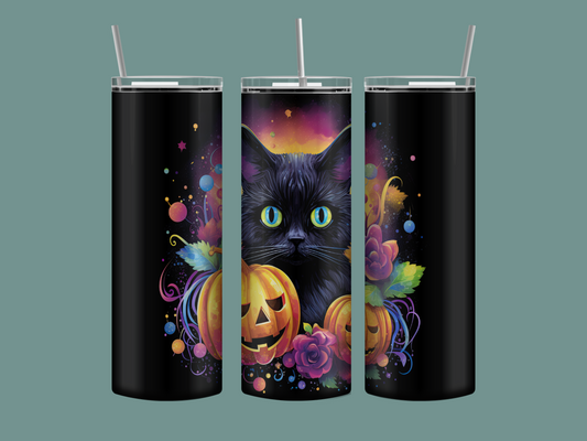 Black cat and pumpkins tumbler, metal straw and cleaning brush