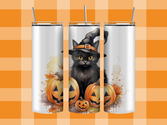 Black cat in a witch hat tumbler, metal straw and cleaning brush