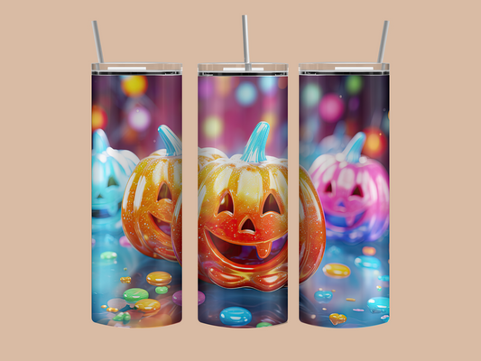 Colorful jack o lantern tumbler, metal straw and cleaning brush