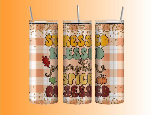 Stressed blessed pumpkin spice obsessed tumbler, metal straw and cleaning brush