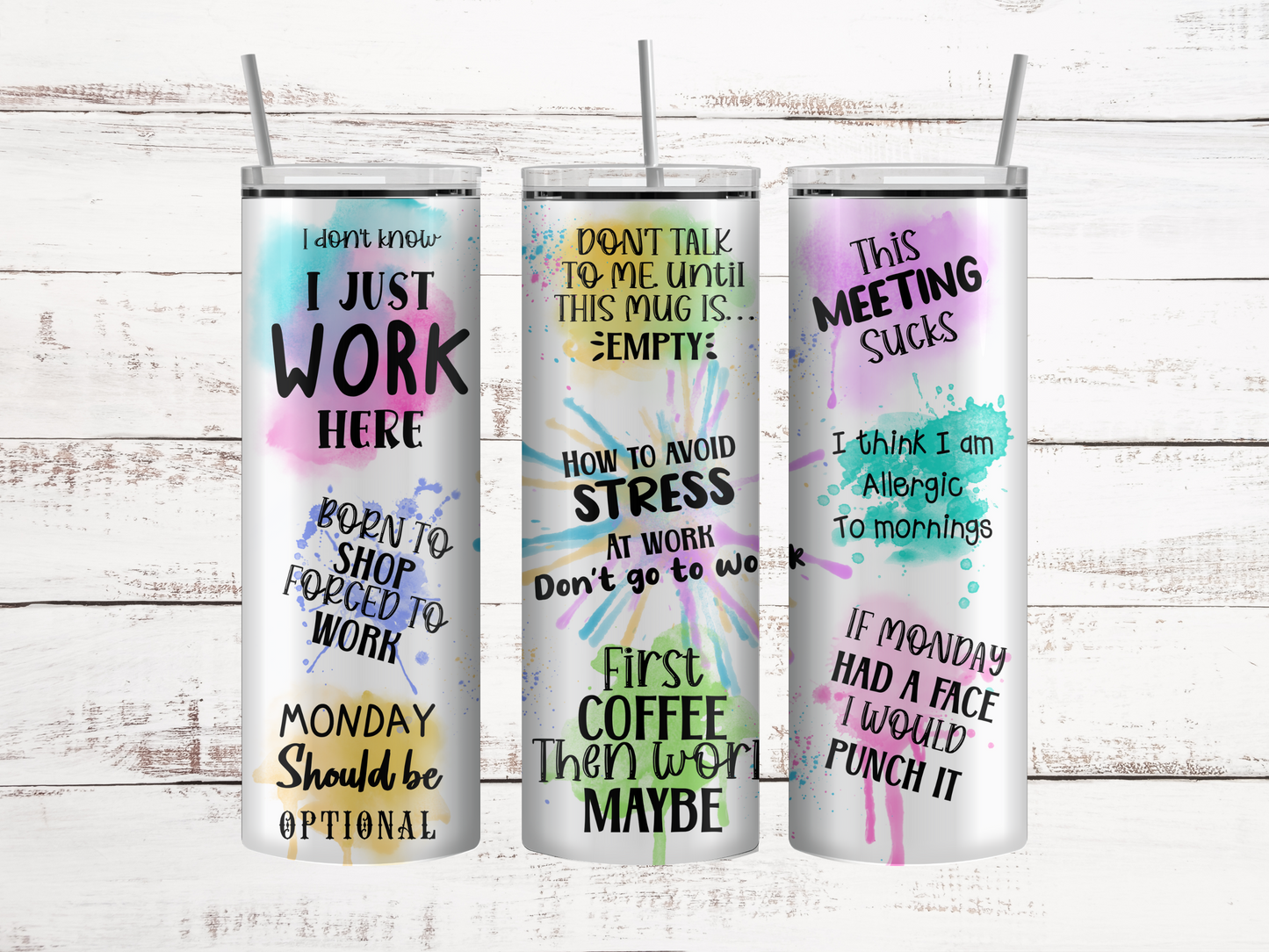 Work phrases tumbler, metal straw and cleaning brush