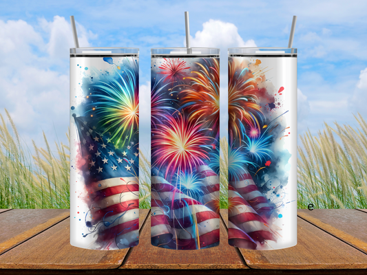 Fireworks above flag tumbler