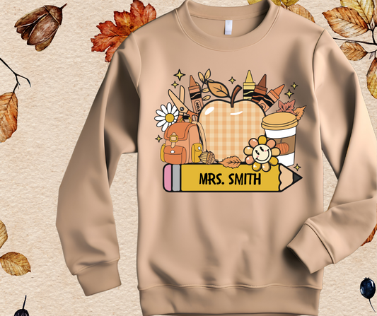 Personalized teacher fall sweater in sand